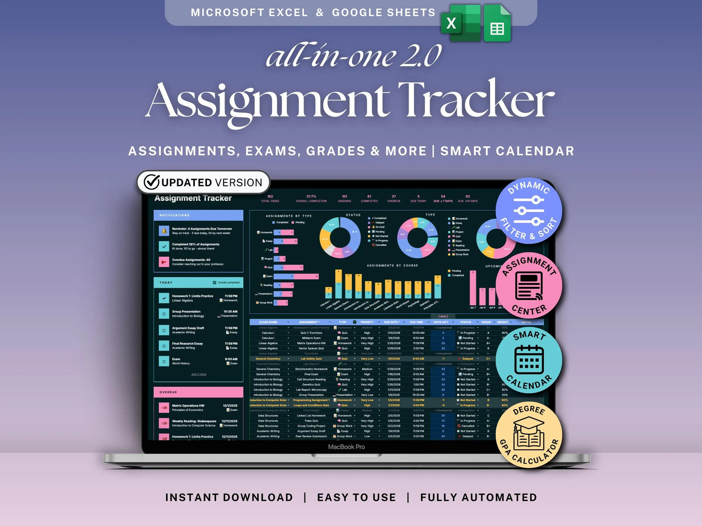 Assignment Tracker Google Sheets Excel Dark Mode Student Planner Spreadsheet Exam Homework