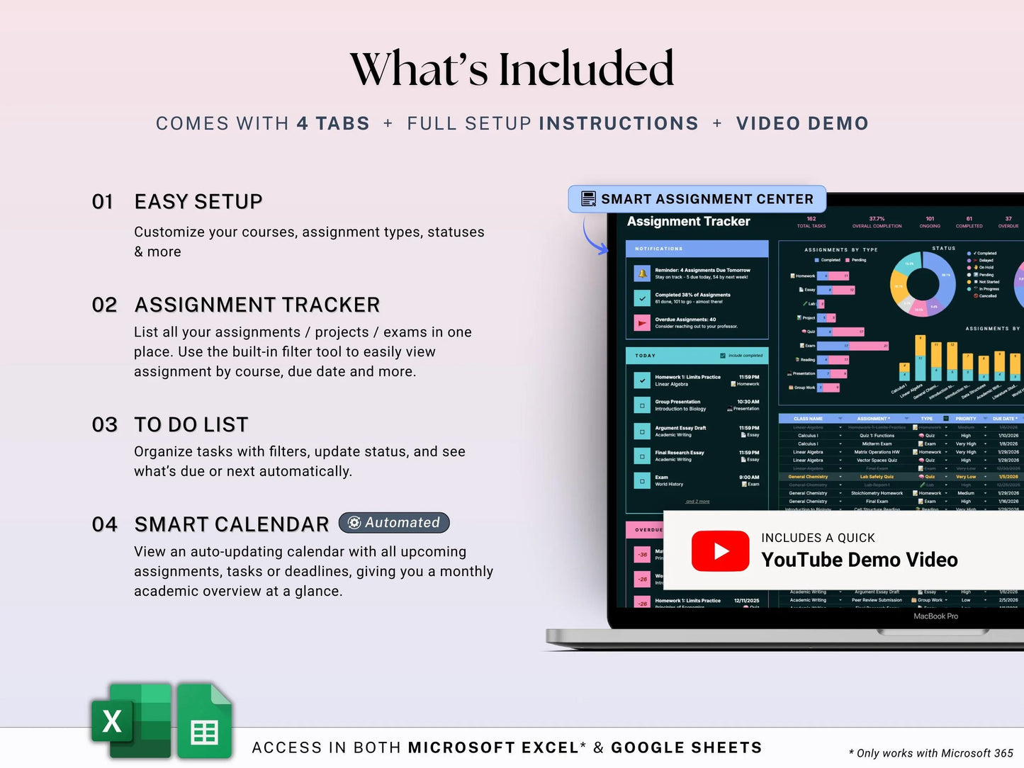 Assignment Tracker Google Sheets Excel Dark Mode Student Planner Spreadsheet Exam Homework