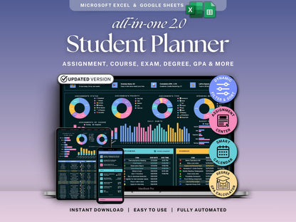 Student Planner Spreadsheet Dark Mode Assignment Tracker Google Sheets Excel Academic Planner