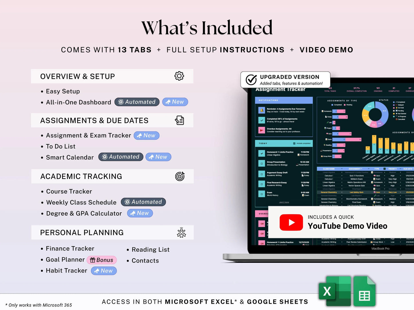Student Planner Spreadsheet Dark Mode Assignment Tracker Google Sheets Excel Academic Planner