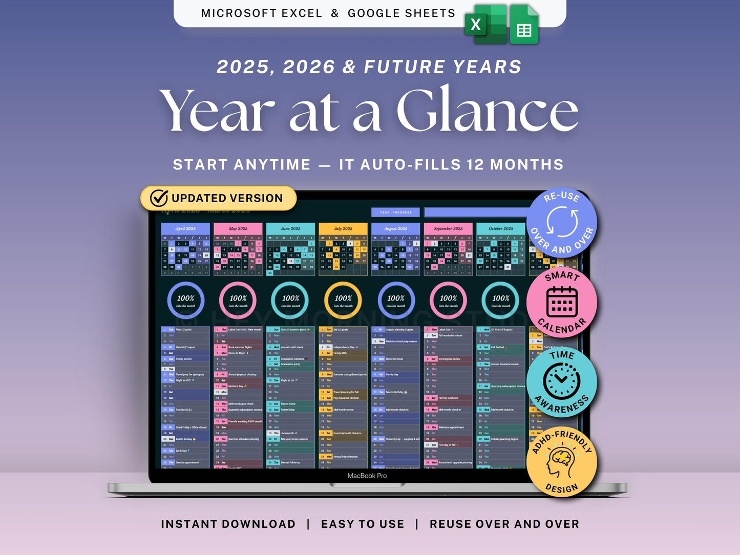 Year at a Glance Planner Dark Mode Undated Yearly Spreadsheet Google Sheets Excel Annual Overview 2026