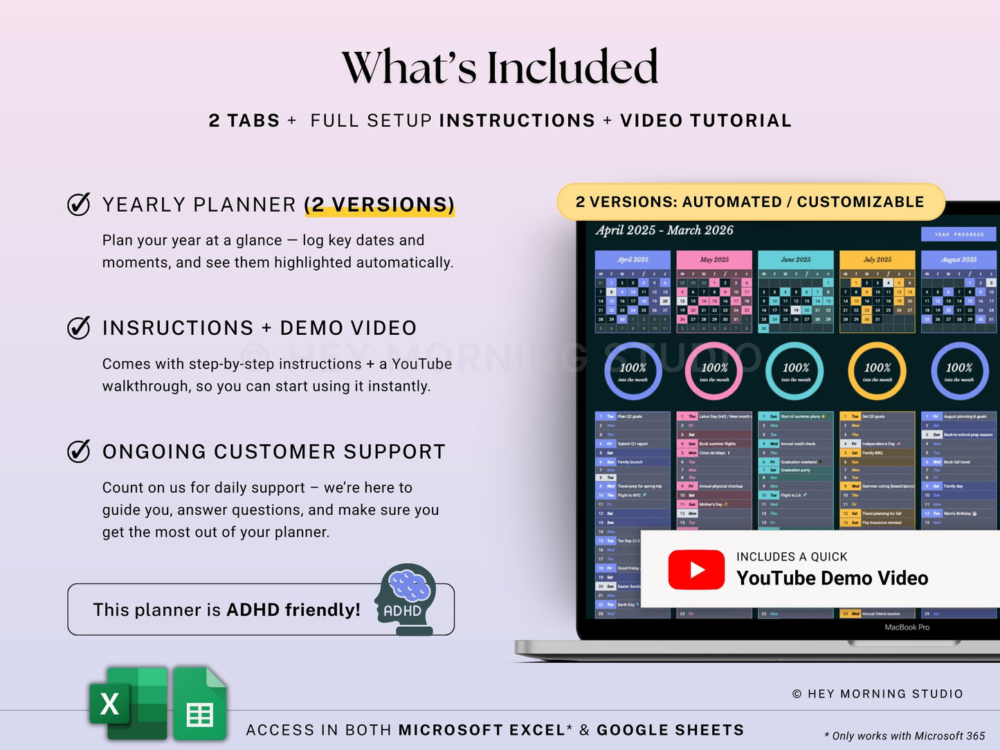 Year at a Glance Planner Dark Mode Undated Yearly Spreadsheet Google Sheets Excel Annual Overview 2026