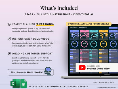 Year at a Glance Planner Dark Mode Undated Yearly Spreadsheet Google Sheets Excel Annual Overview 2026